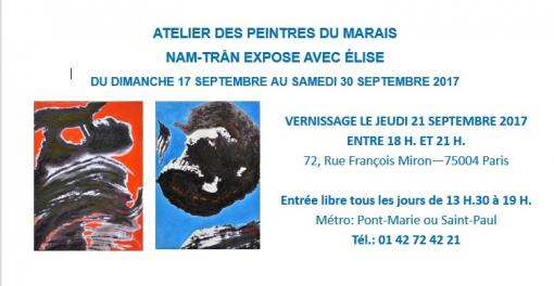 EXPOSITION de l’ARTISTE-PEINTRE NAM TRÂN, du dimanche 17 septembre au samedi 30 septembre 2017 à l’atelier LES PEINTRES DU MARAIS (Paris 4e) EXPOSITION de l’ARTISTE-PEINTRE NAM TRÂN, du dimanche 17 septembre au samedi 30 septembre 2017 à l’atelier LES PEINTRES DU MARAIS (Paris 4e)